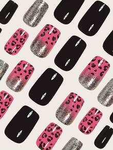 使用 24 件中号方形美甲按压指甲立即提升您的外观，简约优雅豹纹渐变闪光渐变粉色假指甲时尚银色闪光黑点豹纹假指甲全覆盖假指甲适用于女性和女孩，包括 1 张粘合标签和 1 件迷你锉刀条果冻凝胶随机发货指甲用品指甲 - 查看 4
