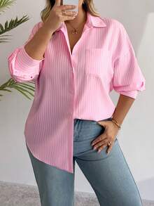 PoPoHouse Women's Plus-Size Shirt Spring Summer Casual Office Commuting Striped Solid Color Front Buckle Long-Sleeved Plus-Size Shirt - Pink - View 6