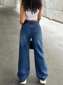 Jeans casual alla moda con gamba ampia e effetto vissuto per donne