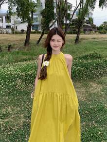 Đầm hở vai màu vàng phong cách Pháp mùa hè, dáng rộng thoải mái, thanh lịch - Màu vàng - Xem 2