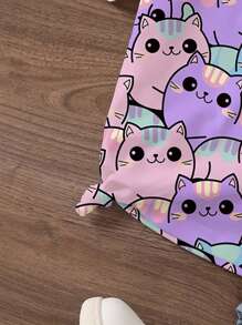 Camiseta de manga corta con cuello redondo y estampado de gato para niñas, top casual para niña joven