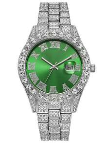 Elegant Men's Quartz Watch - Fashionable Roman Numerals With Luxurious Golden-Tone Crystal Accents, Large Round Dial, Zinc Alloy Band & Case, Battery Operated - Multicolor - View 12