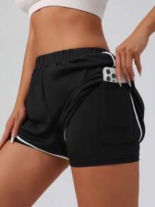 Shorts de yoga de cintura alta elástica para mujer, shorts de correr y fitness de color contrastante de dos en uno con bolsillos