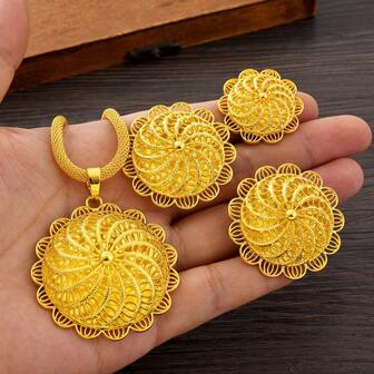 3 件金色经典镂空漩涡图案首饰套装、耳环、戒指、项链、中东生日派对礼物