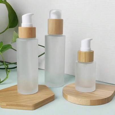 1pc Frosted Glass Pump Bottle With Bamboo Cap, Capacity 30ml/60ml/100ml, Portable Travel Cosmetic Container, Refillable Round Glass Dispenser For Lotion, Shampoo And Body Wash. Back To School