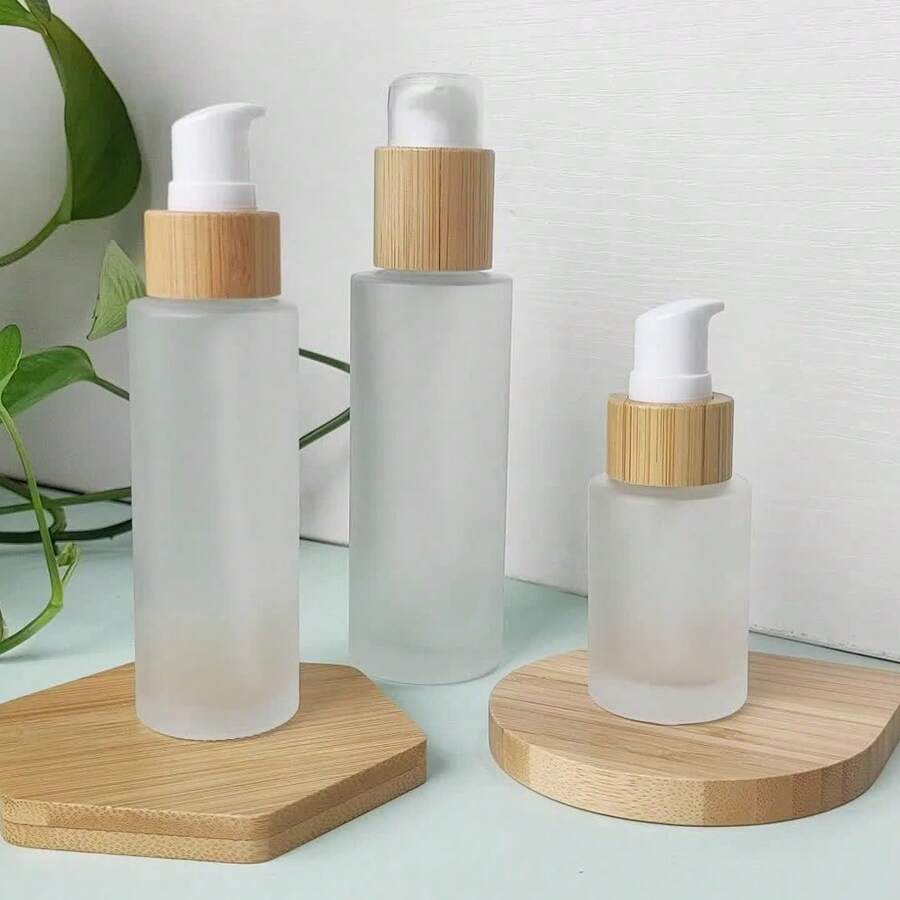 1pc Frosted Glass Pump Bottle With Bamboo Cap, 30ml/60ml/100ml Capacity, Portable Travel Cosmetic Container, Refillable Round Glass Bottle For Lotion, Shampoo And Body Wash, Essential For Back To School - Multicolor - View 1