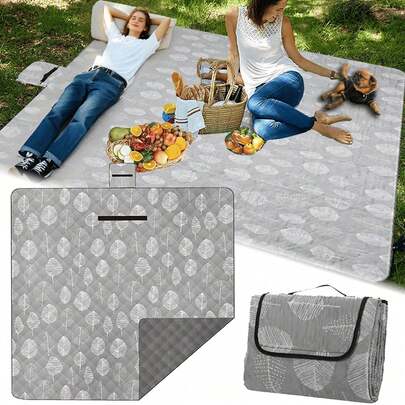 1pc Picnic Blanket With Carrying Handle, Portable Camping Lawn Mat, 3-Layers Thickened Foldable Outdoor Mat, Soft Comfortable Gray Leaf Style, Wear-Resistant Oxford Fabric Material, Waterproof Sandproof Moistureproof And Dirt-Resistant, Machine Washable Family Mat, Handy Park Blanket Tote, For Travel Hiking Trekking Snowy Beaches And Music Festivals Garden Patio Parties Indoor Outdoor Beach Mat