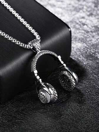 1pc Unisex Stainless Steel Audio Earphone Pendant Necklace, Music Hip-Hop Retro Necklace