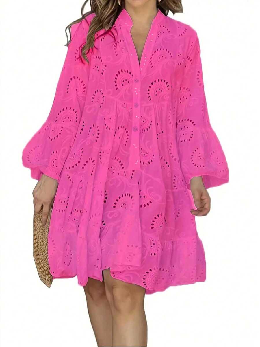 Women's Fashionable Casual Hollow Out Lace Trim Open Front Loose Long Sleeve Dress