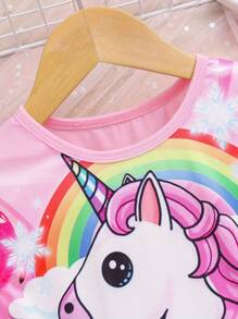 coviviky Vestido de princesa soñadora para niña con estampado de unicornio y flores, de manga corta, hasta la rodilla, con decoración de tul y arcoíris, para el verano