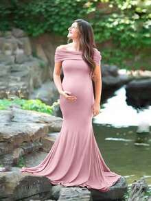 Maternity Reversible Off Shoulder Dress, Photography Gown For Maternity Photoshoot - Pink - View 2