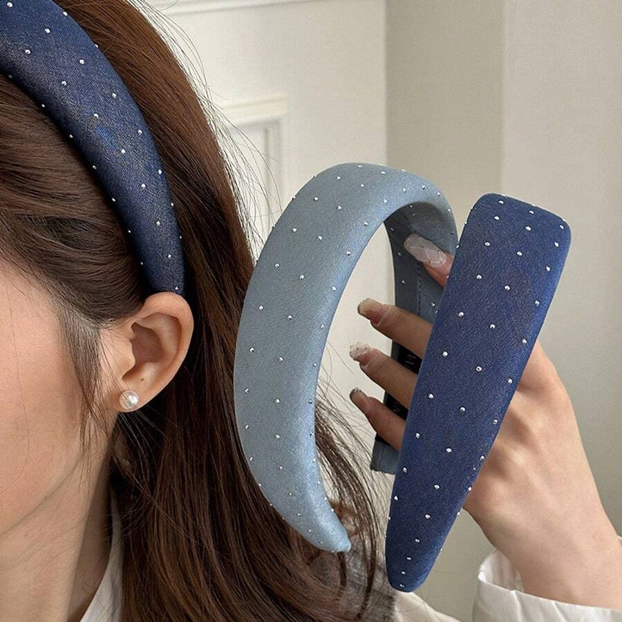 Faixa de cabeça larga de jeans com strass, acessório versátil de estilo coreano para atividades ao ar livre, acessório de cabelo inspirado em celebridades, faixa de cabelo, faixas de cabelo tipo arco