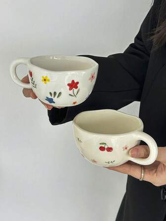 1pc Cute Ceramic Pinch Mug With Underglaze Colorful Heart, Cherry Blossom, Bow Design, Suitable For Coffee, Milk, Juice, Latte, Home, Party, Holiday Gift For Family And Friends Back To School