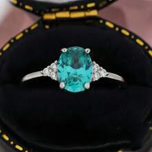 1pc Blue Oval Gemstone Inlay Ring, Suitable For Daily, Party Wear, Mother's Day Gift - Silver - View 1