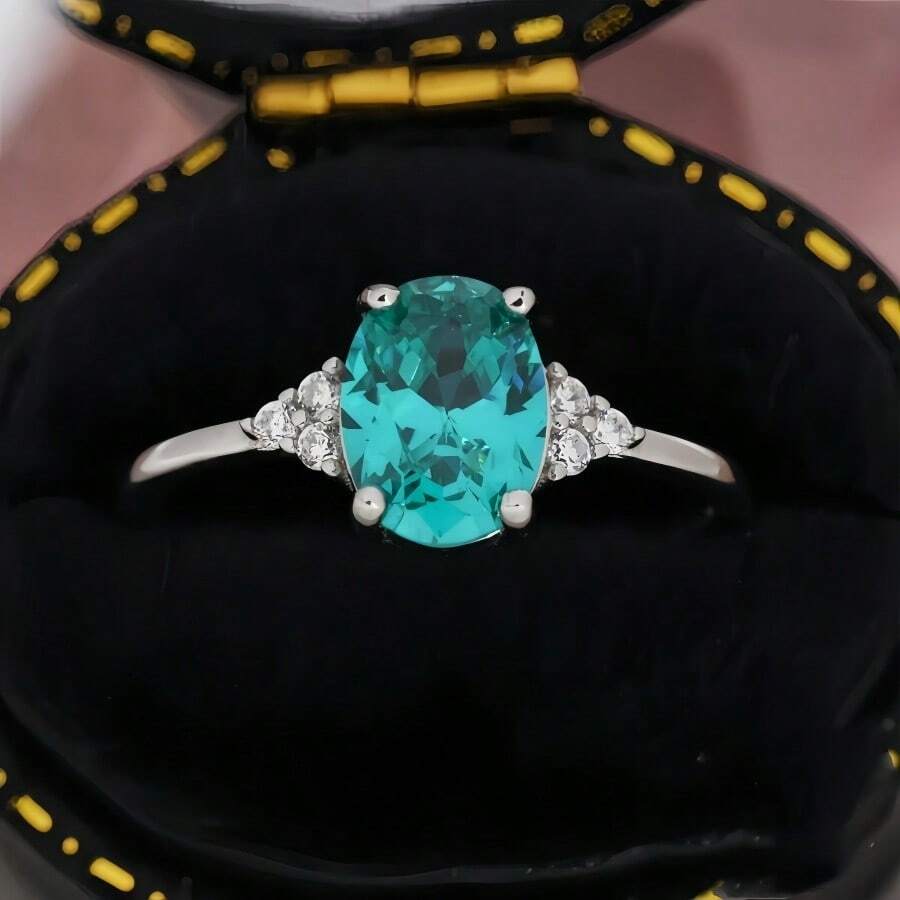 1pc Blue Oval Gemstone Inlay Ring, Suitable For Daily, Party Wear, Mother's Day Gift - Silver - View 1