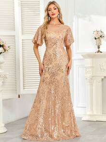 hezixi High-Quality Elastic Sequin , Very Comfortable To Wear, Suitable For Different Body Wear, With A Perspective Round Neck Long Sleeved Slim Fit Fishtail Hem Featuring A Unique Design - Champagne - View 4