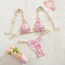 European And American Fashion Multi-Color Printed Push-Up Bikini Set With Halter, Vacation Beach Swimwear