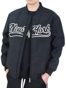 Men's Letter Print Zip-Up Outdoor Jacket, Flight Bomber - Black - View 1