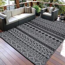 Outdoor Rug Bohemian Style Outdoor Rug Double-Sided Reversible Plastic Straw Rug Easy To Clean For Balcony Beach Deck Patio Picnic RV Camping - Black and White - View 4