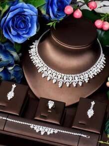 1 conjunto de joias de zircônia cúbica brilhante para mulheres, adequado para noivas, casamentos, festas, vestidos, festivais, incluindo colar, brincos, pulseira, 4 peças, moda
