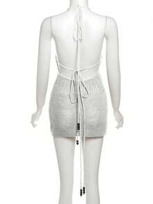New Hollow Out Sexy V-Neck Halter Backless Tie Waist Knit Dress For Women, Spring Autumn - White - View 6
