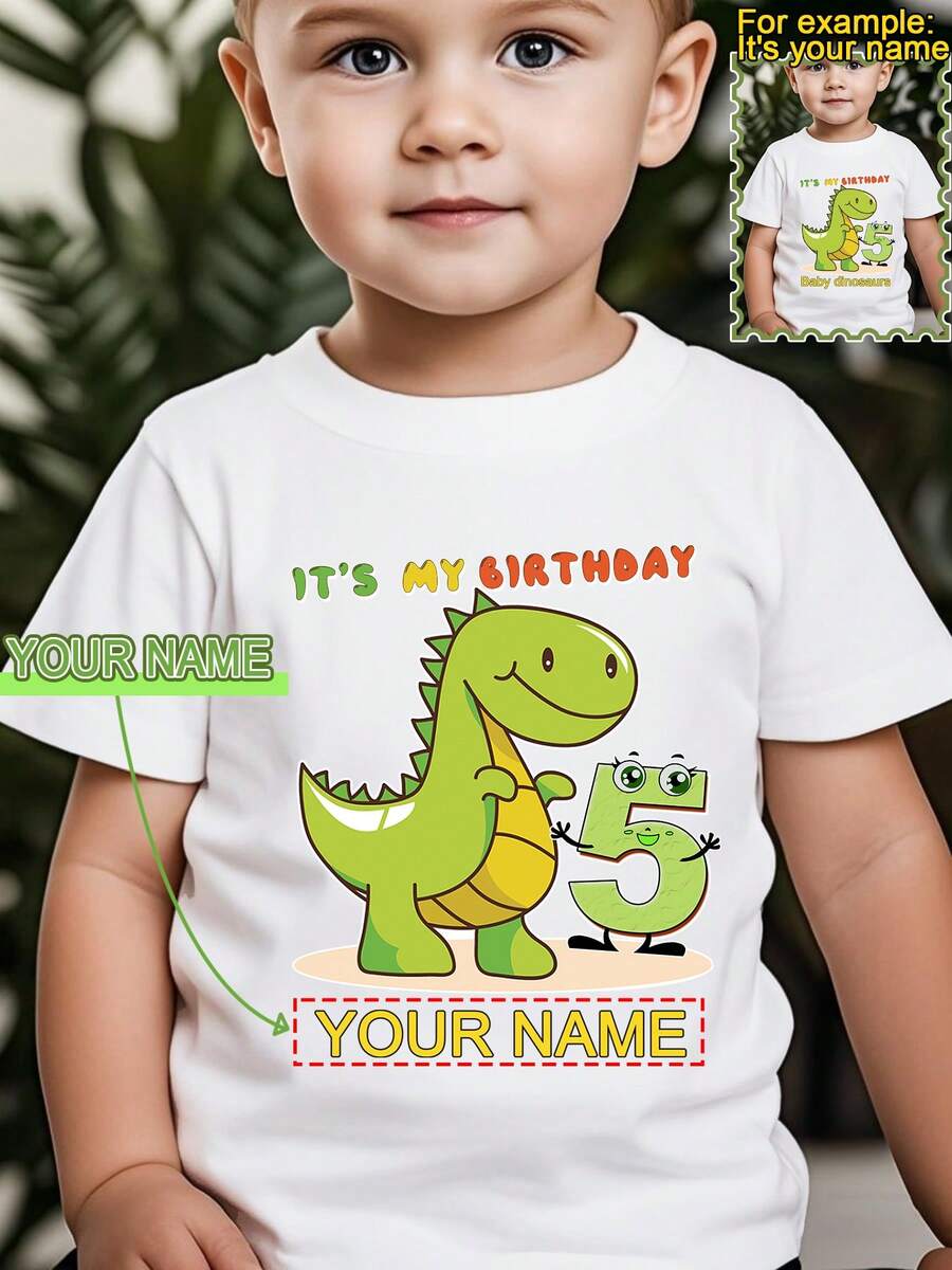 Gokntee It's My Birthday! 1-8 Years Old Dinosaur Design Personalized Name Fashionable Creative Print Sport T-Shirt For Toddler Boys, Quick Delivery, White Color - White - View 1