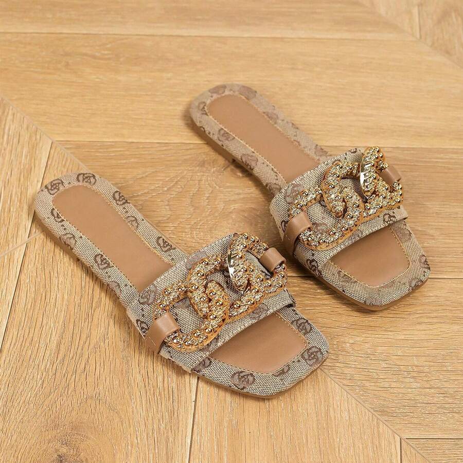 Refined Women Glittery Mule Sandals For Womens Knot Buckle Strappy Comfort - 卡其色 - 查看 1