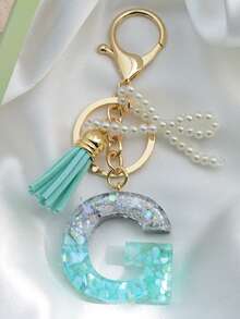 1 pièce Porte-clés avec lettre initiale, pendentif bicolore en résine, porte-clés minimaliste à la mode avec faux perle. Accessoire pour voiture, sac, sac à dos pour l'école, accessoires gothiques Y2K, idées de cadeaux pour la Fête des enseignants, Noël, accessoires pour sœur - Lac Bleu - Voir 29