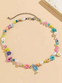 1pc Minimalist Faux Pearl & Letter Contrast Color Necklace, Rustic Woven Daisy & Rice Bead Necklace For Women - Multicolor - View 3