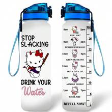 Sanrio 1 pieza Botella deportiva de gran capacidad Sanrio Hello Kitty, de plástico resistente a los arañazos, taza de viaje a prueba de fugas con marcas de escala, adecuada para deportes al aire libre, fitness, camping, hidratación de verano, 1000ml/32oz (con cordón incluido)