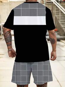 Conjunto de chándal deportivo de talla grande para hombres con estampado geométrico - Tela de punto de poliéster, diseño de cuello redondo, con pantalones cortos con cordón, detalles de bolsillos, ajuste regular, adecuado para tallas grandes