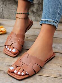 女士平底露趾一脚蹬拖鞋，时尚方头休闲凉鞋，纯色，春夏新款百搭