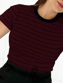 K&K FASHION SHEIN Ribbed Striped T-Shirt - Granate - Ver 1