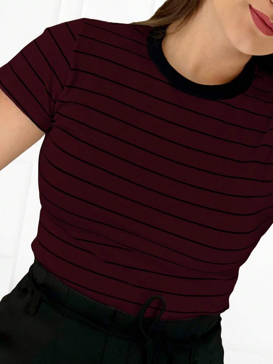 K&K FASHION SHEIN Ribbed Striped T-Shirt - Granate - Ver 1