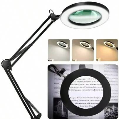 1pc 10X Lighted Magnifying Glass, With Lamp And Stand, 3 Color Modes Dimmable, Flexible Arm Magnifier Lamp, 360° Adjustable, Black & White