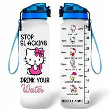 Sanrio 1 pieza Botella deportiva de gran capacidad Sanrio Hello Kitty, de plástico resistente a los arañazos, taza de viaje a prueba de fugas con marcas de escala, adecuada para deportes al aire libre, fitness, camping, hidratación de verano, 1000ml/32oz (con cordón incluido)