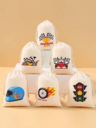 6pcs Racing Car Theme Gift Bags, Drawstring Storage Bags, Gift Wrapping Supplies, Racing Party Decor, Birthday Decoration, Gender Reveal Decor, Babe Shower Decor, Home Decor Room Decor Party Decor, Table Decoration, Party Favor, Birthday Gifts, Gift Packaging Supplies