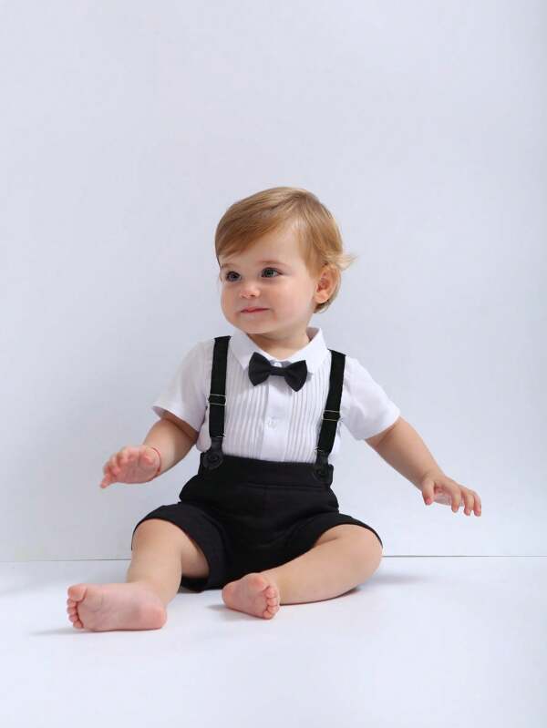 BOARNSEORL 2pcs Baby Boys Gentleman Set, Short Sleeve Shirt With Bowknot And Shorts Overall, Stylish And Elegant For Banquet, Party, Birthday, Performance And Everyday Outings
