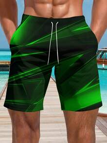 Men's Casual Hawaiian 3D Print Beach Shorts - Quick Dry, Drawstring Waist, Perfect For Summer Outings - Green - View 3