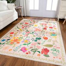 Area Rug For Living Room, Low Pile Non Slip Floral Printing Carpet, Washable Rug For Bedroom Dining Room Playroom Office - Beige - View 2