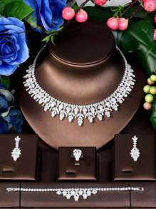 1 conjunto de joias de zircônia cúbica brilhante para mulheres, adequado para noivas, casamentos, festas, vestidos, festivais, incluindo colar, brincos, pulseira, 4 peças, moda