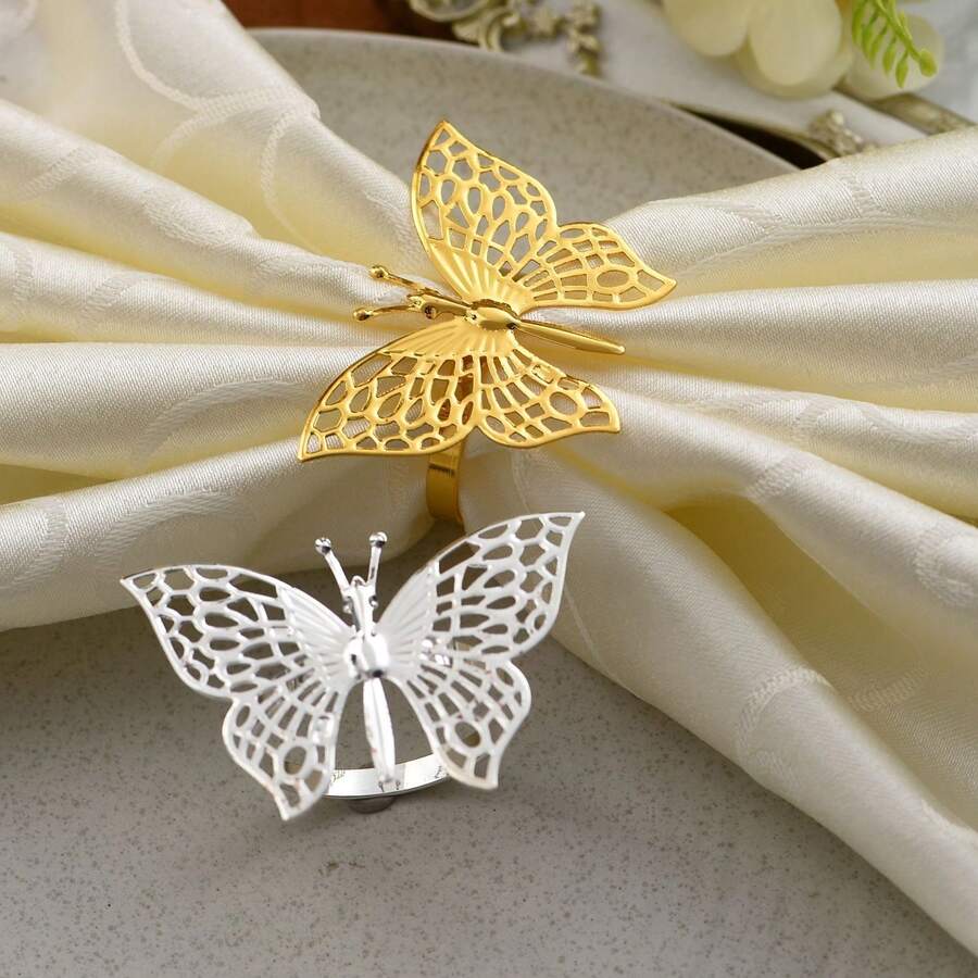 1PC Openwork Double Butterfly Napkin Rings, Gold Silver Napkin Rings, Wedding Table Decorations, Tabletop Decorations,. - Multicolor - View 1