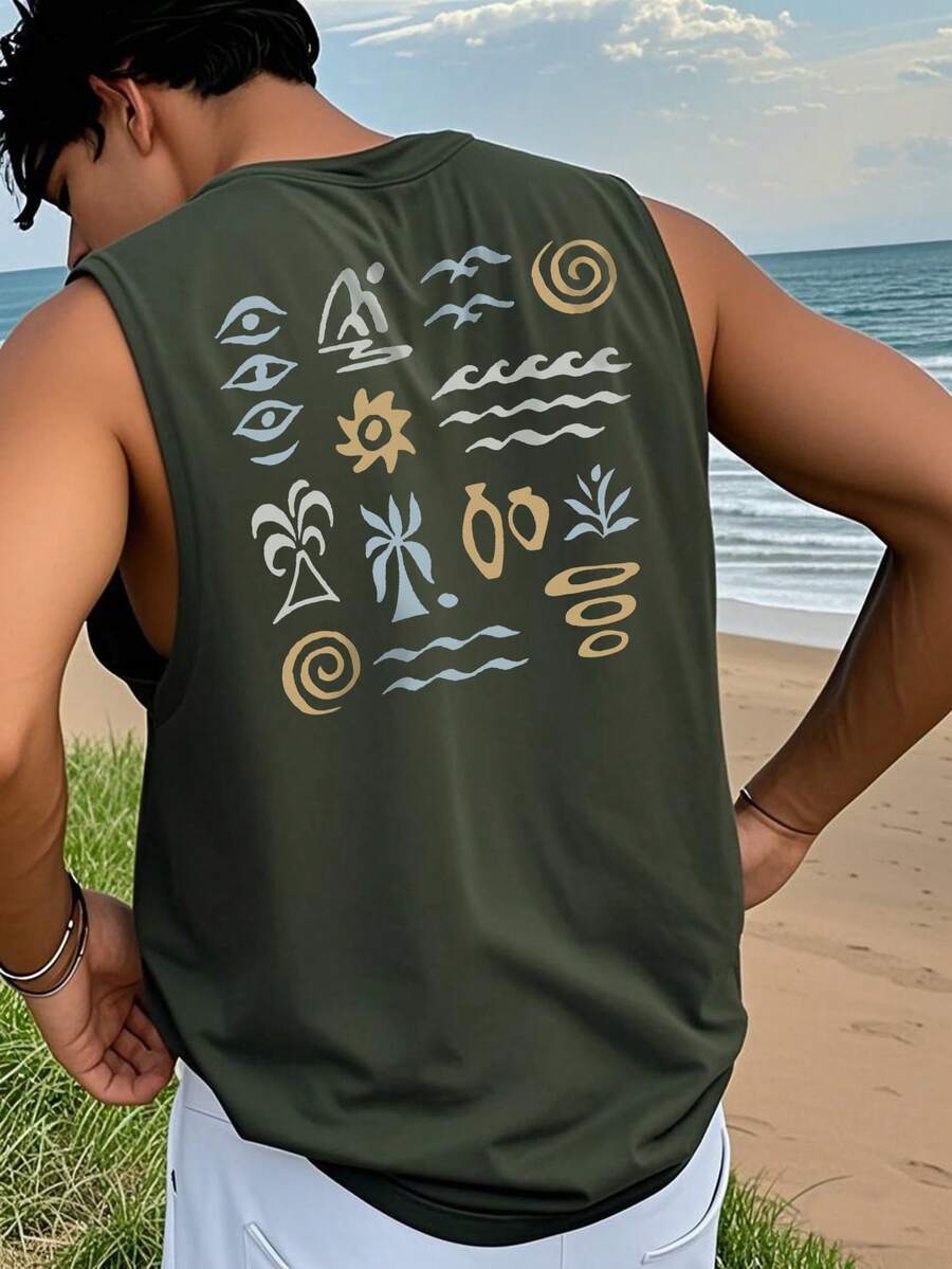 Men's Letter & Palm Tree Print Round Neck Casual Tank Top For Holiday