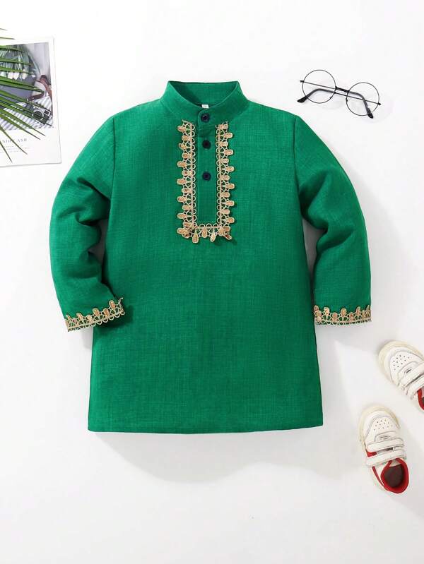 Young Boy Embroidered Patchwork Collar Long Sleeve Long Shirt