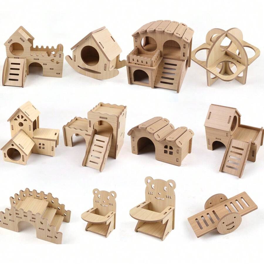 1pc Pet Hamsters House DIY Gerbil Hideout Bridge Chinchilla Seesaw Villa Wooden Small Nest For Pet Sport Exercise Training Toys Small Animal Activity Climb DIY Cage Accessories - Multicolor - View 1
