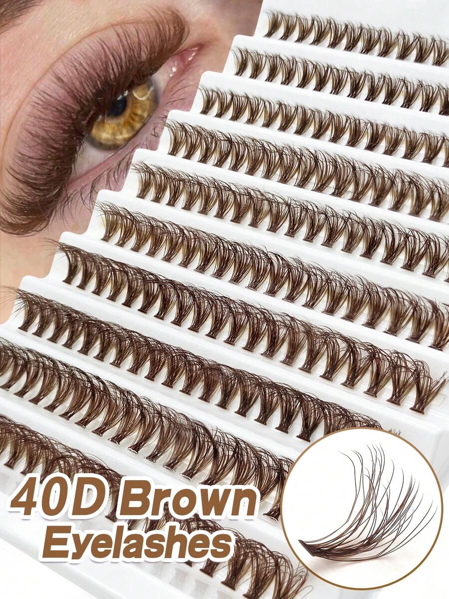 Rikuaild 40D 蓬松睫毛簇棕色，200 片 D 卷彩色纤细棕色簇睫毛，咖啡猫眼睫毛，单根睫毛延长自然色棕色化妆单根柔软扇形睫毛 DIY 睫毛延长适用于家庭旅行日常化妆人造睫毛簇，睫毛簇，单根睫毛，假睫毛 - D - 查看 1