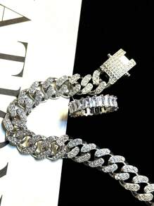 2 Peças Conjunto de Anel com Strass de Luxo e Pulseira de Corrente, Adequado para Uso Diário, Festa, Encontro, Dia das Mães, Dia dos Namorados, Dia dos Pais, Conjunto de Joias Unissex