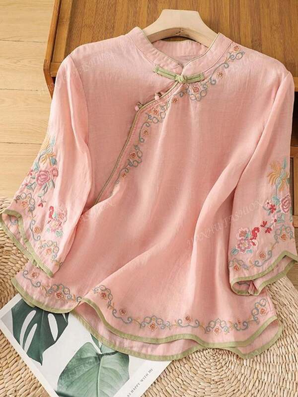 JIANHU Spring Summer Embroidered High Neck Top, Modern Chinese Button Design, Loose And Elegant Versatile Blouse