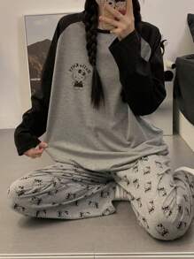Sanrio Conjunto de Pijama Fofo Mulheres Desenho Animado Hello Kitty, Top de Manga Longa Gola Redonda e Calça, Ajuste Confortável e Solto, Adequado para Primavera, Outono, Verão, Roupas de Estação