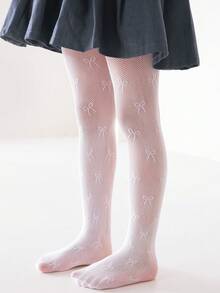 1pc Girls Mesh See-Through Tights With Butterfly Jacquard Design, Skinny Pants For Spring/Summer - White - View 1